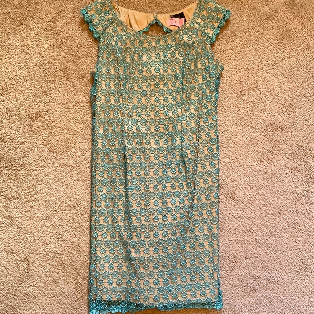 Adrianna Papell Crochet Overlay Sheath Dress Blue Nude 8P